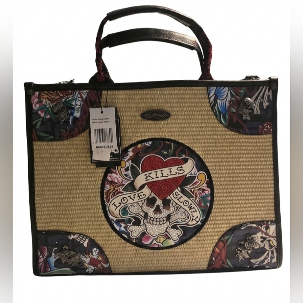 Ed Hardy Straw/Woven Tote Bag Rhinestones  Crossbody Strap Love Kills Slowly - Picture 2 of 15